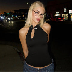 Lace-Up Button Detail Sleeveless Vest Top|Color:Black