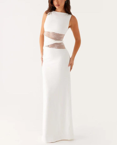 Round Neck Sleeveless Knit Maxi Dress|Color:White