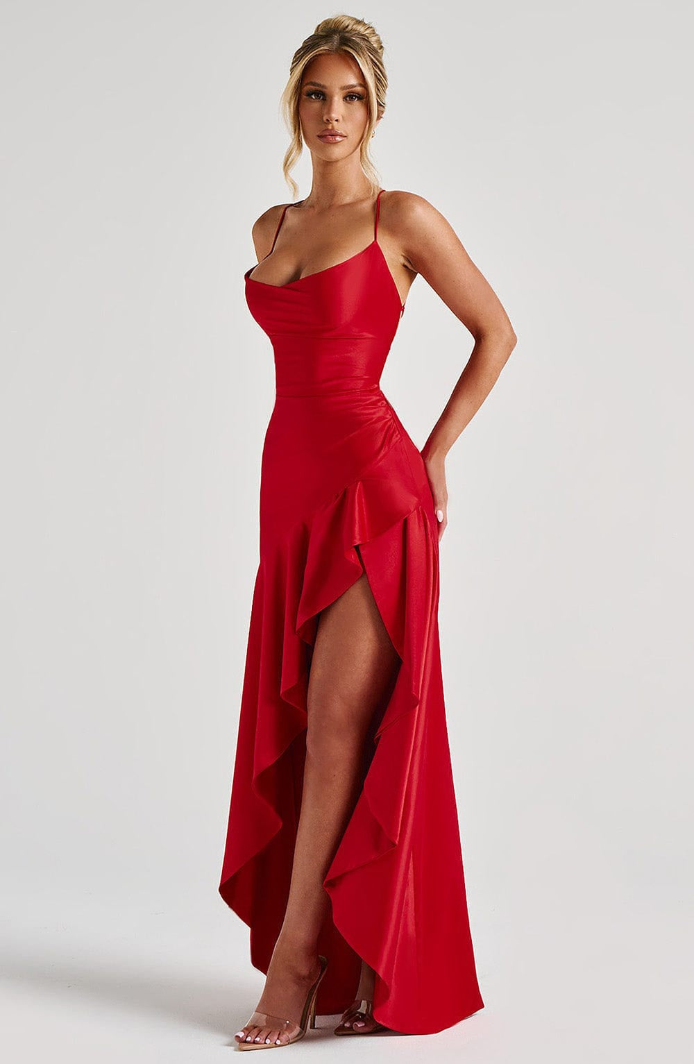 Ruffle Hem High-Low Satin Maxi Dress Fonley