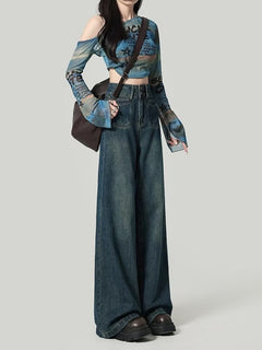 High-Waist Loose Straight-Leg Jeans|Color:Gray