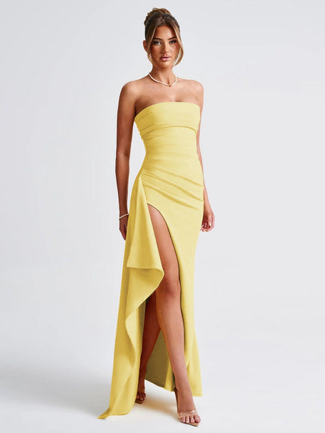 Strapless Bandeau Thigh-Split Maxi Gown Fonley