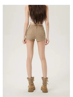High-Waisted Double-Button Denim Shorts|Color:Beige
