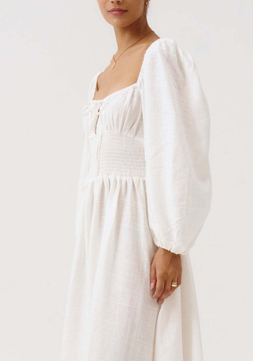 Off-The-Shoulder Smocked Linen Maxi Dress Fonley|Color:White