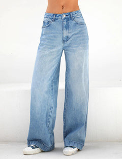 High-Waist Washed Wide-Leg Denim Jeans|Color:Blue