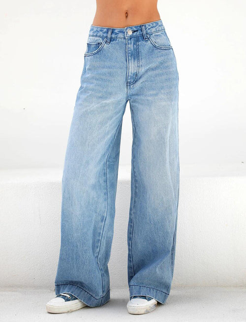 High-Waist Washed Wide-Leg Denim Jeans|Color:Blue