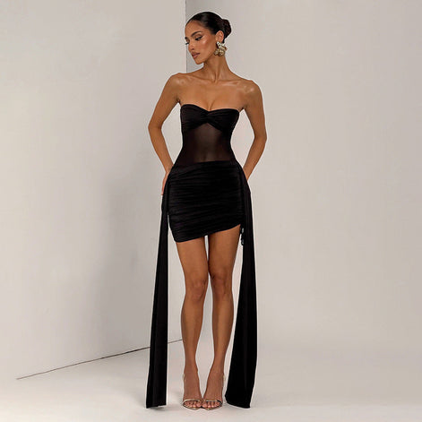 Sheer Panel Ruched Mini Dress Fonley