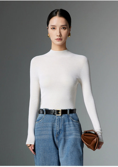 Half-Turtleneck Ribbed Wool Sweater|Color:White