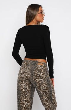 Button Detail V-Neck Long Sleeve T-Shirt|Color:Black