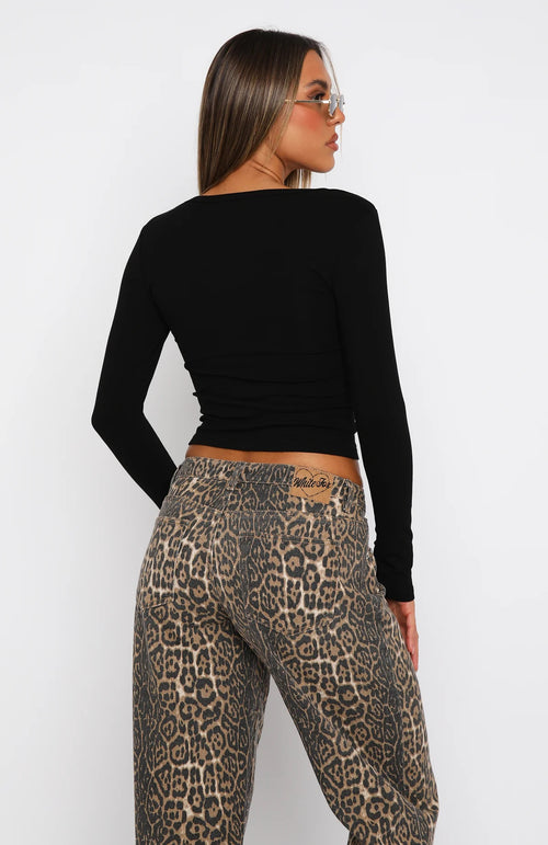 Button Detail V-Neck Long Sleeve T-Shirt|Color:Black
