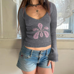 Floral V-Neck Cropped Knit Sweater|Color:Gray