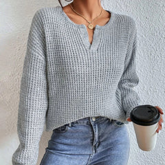 V-Neck Loose Fit Knit Sweater|Color:Gray