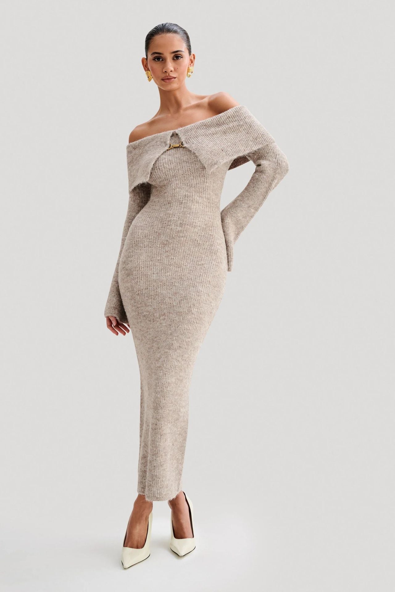 Off-The-Shoulder Buckle Detail Knit Midi Dress Fonley