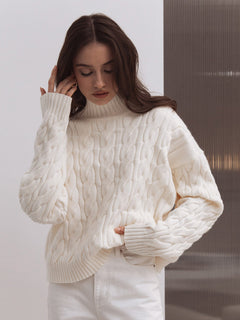 Mock Neck Textured Knit Sweater|Color:White