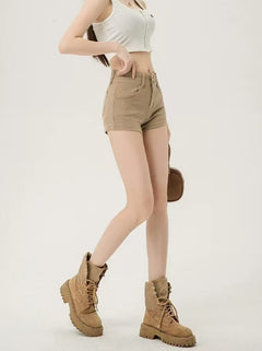 High-Waisted Double-Button Denim Shorts|Color:Beige