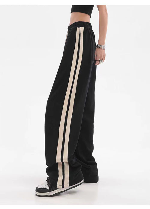 Striped High-Waist Wide-Leg Sweatpants|Color:Black