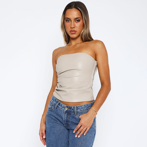 Strapless Faux Leather Tube Top|Color:White