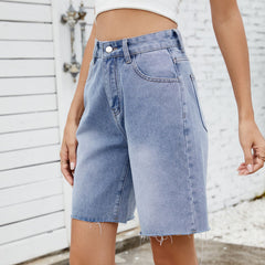 Washed Straight-Leg Frayed Hem Denim Shorts|Color:Blue