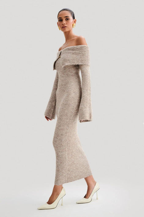 Off-The-Shoulder Buckle Detail Knit Midi Dress Fonley