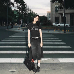 High-Waist Wide-Leg Cropped Denim Pants|Color:Black