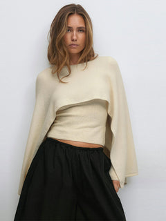 Round Neck Cape Sleeve Knit Sweater|Color:Beige
