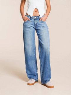 Washed Low-Rise Wide-Leg Jeans|Color:Blue