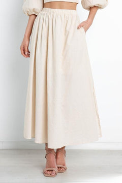 Slim-Fit Pleated Cotton Linen Midi Skirt|Color:Beige