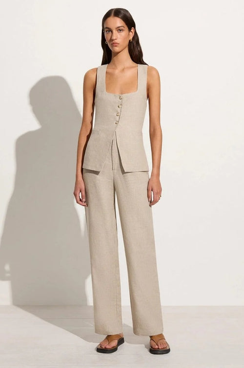 Square Collar Cotton Vest & Pants Set|Color:Beige