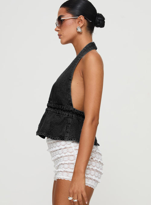 Halter Neck Lace-Up Backless Denim Top|Color:Black