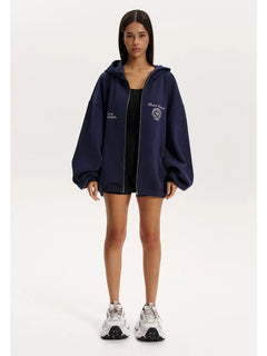 Zip-Up Hooded Cotton Sweatshirt|Color:Navy Blue