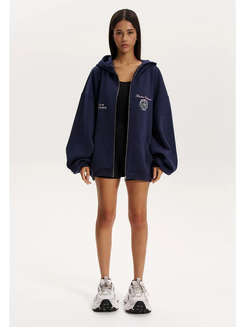 Zip-Up Hooded Cotton Sweatshirt|Color:Navy Blue
