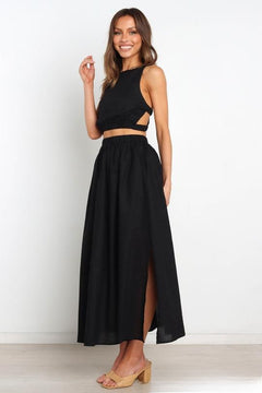 Slim-Fit Pleated Cotton Linen Midi Skirt|Color:Black