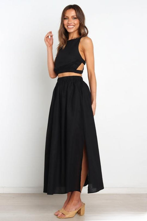 Slim-Fit Pleated Cotton Linen Midi Skirt|Color:Black