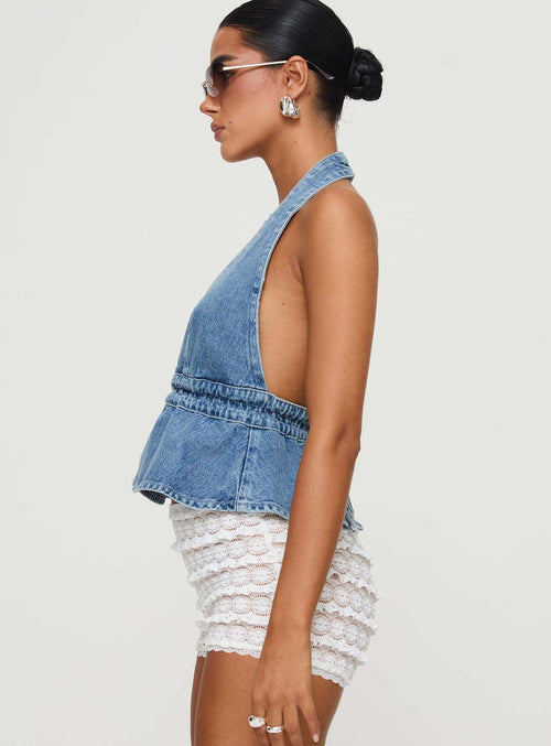 Halter Neck Lace-Up Backless Denim Top|Color:Blue