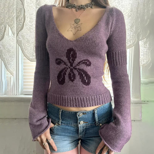 Floral V-Neck Cropped Knit Sweater|Color:Purple