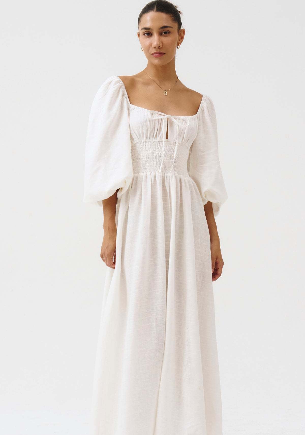 Off-The-Shoulder Smocked Linen Maxi Dress Fonley