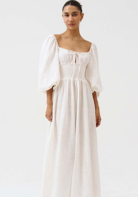 Off-The-Shoulder Smocked Linen Maxi Dress Fonley