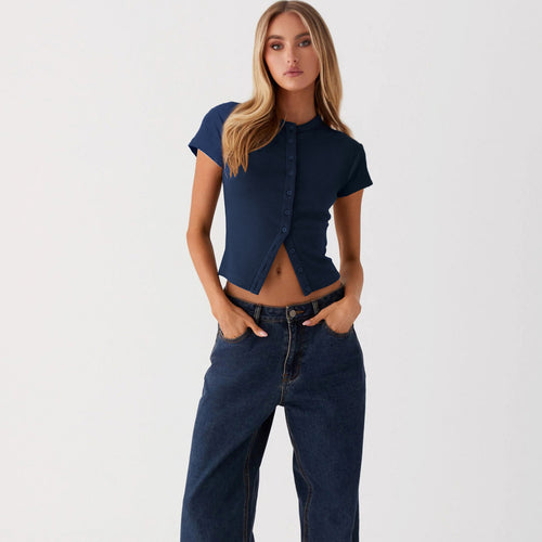 Button Front Short Sleeve Knit Cardigan|Color:Navy Blue