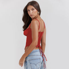 Lace Trim Strap Slim Fit Crop Top|Color:Red