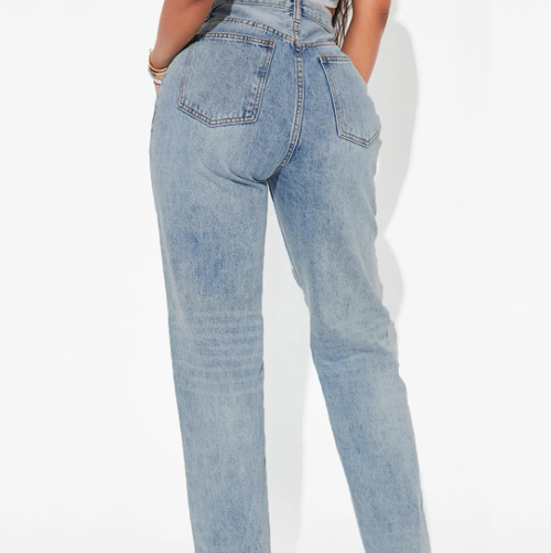 Crossover Waist Straight-Leg Denim Pants|Color:Light blue