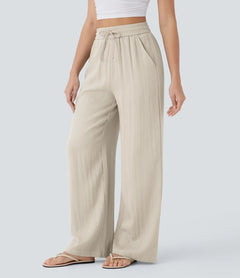 High-Waist Drawstring Wide-Leg Linen Pants|Color:Beige