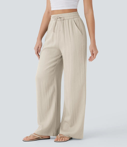 High-Waist Drawstring Wide-Leg Linen Pants|Color:Beige