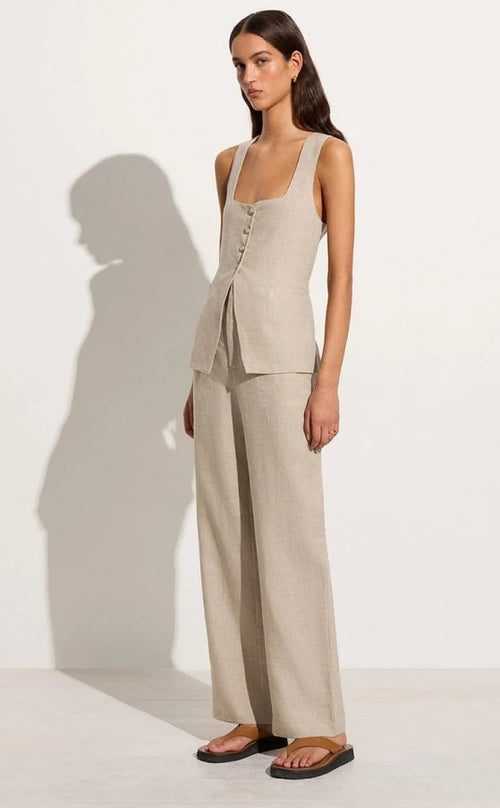 Square Collar Cotton Vest & Pants Set|Color:Beige