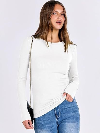 Ribbed Round Neck Long Sleeve Top|Color:White