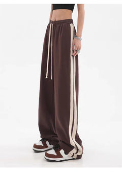 Striped High-Waist Wide-Leg Sweatpants|Color:Brown