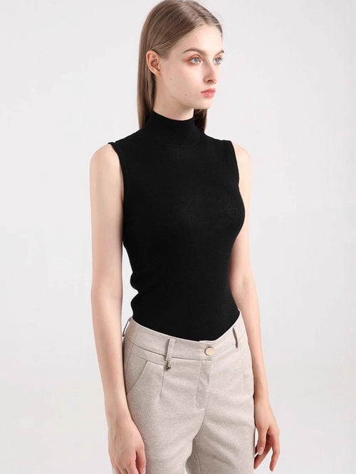 Half-Turtleneck Sleeveless Knit Vest|Color:Black
