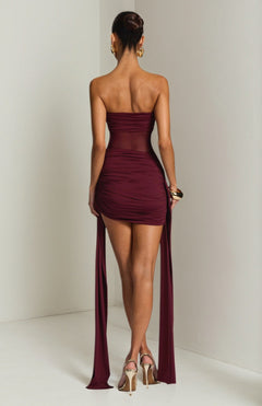 Sheer Panel Ruched Mini Dress|Color:Red