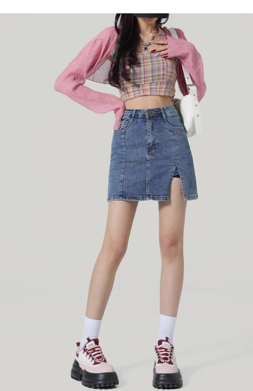 High-Waist A-Line Denim Skirt|Color:Blue