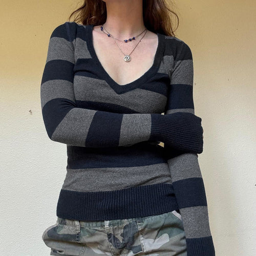 Striped V-Neck Long Sleeve Slim Fit Top|Color:Gray
