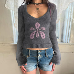 Floral V-Neck Cropped Knit Sweater|Color:Gray