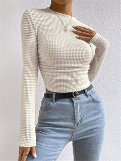 Ruched Plaid Round Neck Long Sleeve Top|Color:White